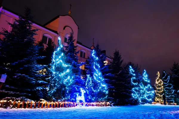 Arbre de Noël avec guirlandes en plein air le soir gelé — Photo