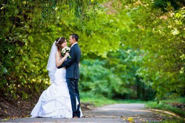 Yeşil park üzerinde yeni evliler kal