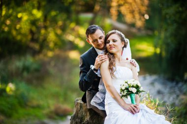 Evlilik çift taş at sonbahar park üzerinde oturan