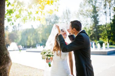 Güzel düğün çift sokak üzerinde çeşmeler