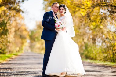 Yol arka plan güneşli sarı Reaply ile çift düğün