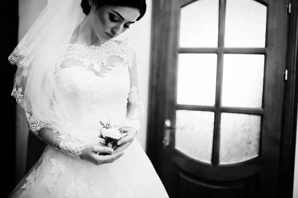Preto e branco retrato de jovem elegante morena noiva no — Fotografia de Stock