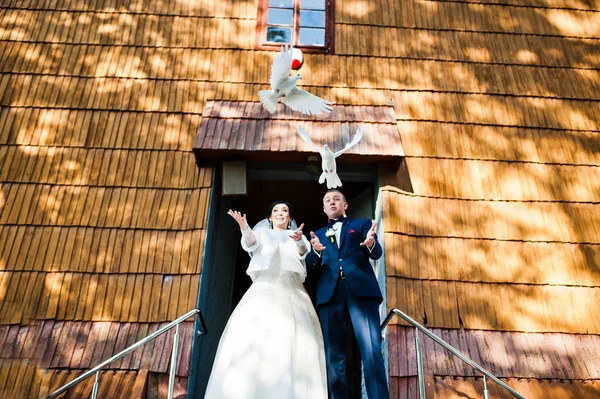 Casamento casal com pombas na mão — Fotografia de Stock