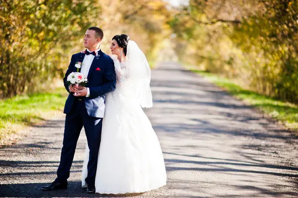 Bruiloft paar op de weg achtergrond zonnige dag met gele leav — Stockfoto