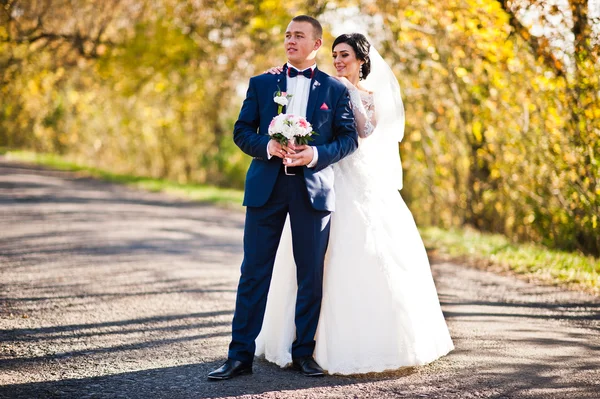 Bruiloft paar op de weg achtergrond zonnige dag met gele leav — Stockfoto