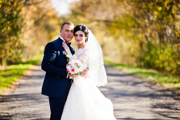 Matrimonio coppia sullo sfondo della strada giornata di sole con liav giallo — Foto Stock