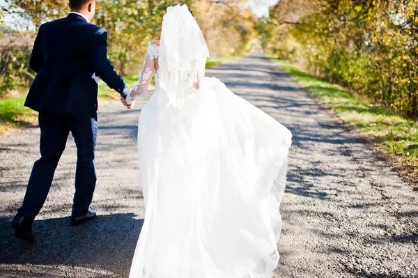 Couple de mariage sur le fond de la route journée ensoleillée avec leav jaune — Photo