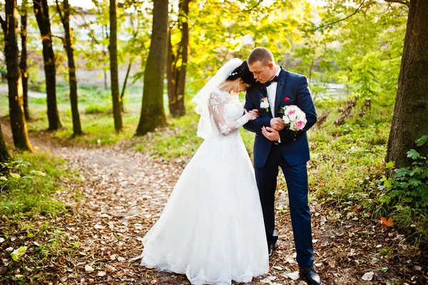 Svatební pár na žluté dřevo — Stock fotografie
