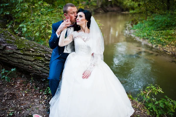 Casamento casal sentado no fundo da árvore cortada o rio — Fotografia de Stock