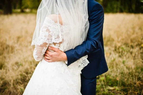 Hand in hand of stylish wedding couple — Stock Photo, Image