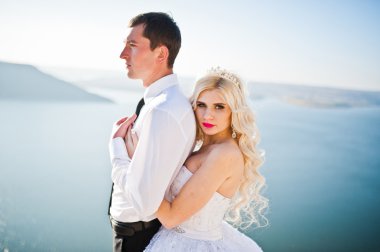 Close up portrait of charming bride and elegant groom on landsca