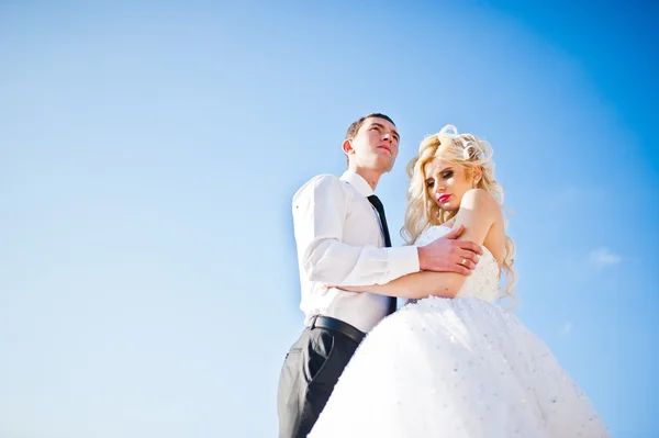 Charming bride and elegant groom on landscapes of mountains, wat — Stok fotoğraf