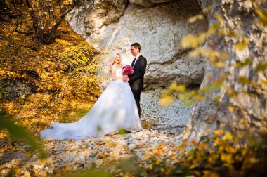 Sevimli gelin ve dağlar, nea manzara üzerinde zarif damat