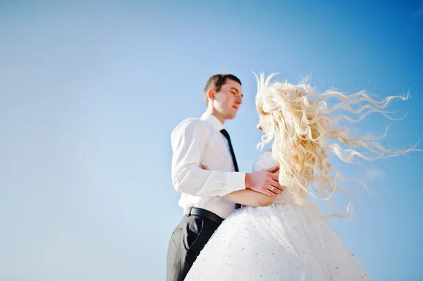 Charming bride and elegant groom on landscapes of mountains, wat — Stock Photo, Image