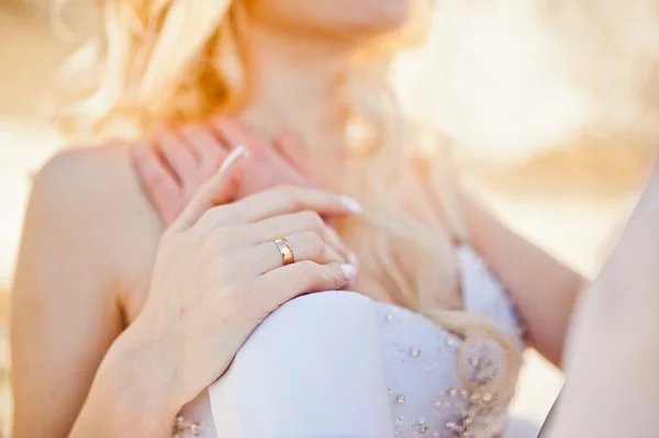 Primer plano retrato de novia encantadora y novio elegante en landsca —  Fotos de Stock