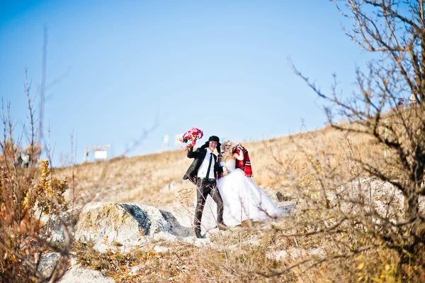 Charming bride and elegant groom on landscapes of mountains — Stockfoto