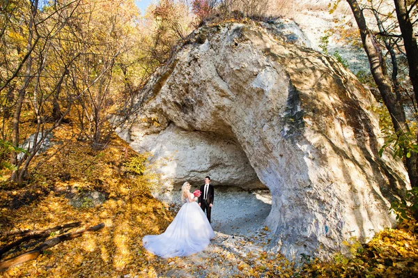 Charming bride and elegant groom on landscapes of mountains, nea — Stock Photo, Image