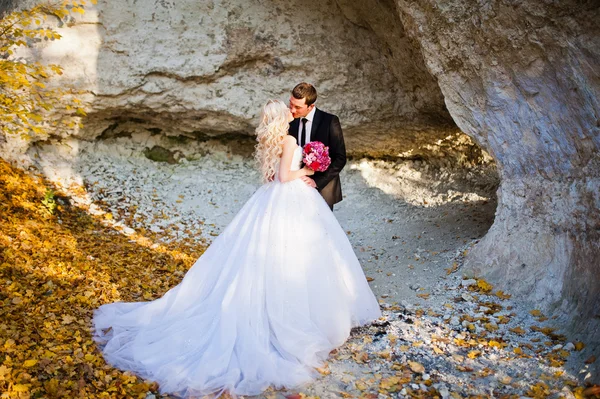 Encantadora novia y novio elegante en paisajes de montañas, nea — Foto de Stock