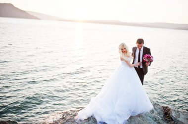 Gelin ve zarif damat manzara dağların üzerinde büyüleyici ve 