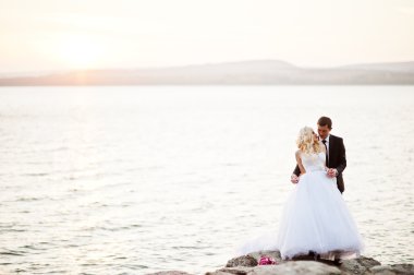 Gelin ve zarif damat manzara dağların üzerinde büyüleyici ve 