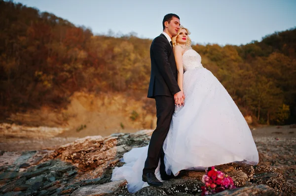 Обаятельная невеста и элегантный ухажер на ландшафтах гор и — стоковое фото