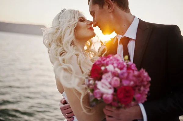 Charming bride and elegant groom on landscapes of mountains and — Stock Photo, Image