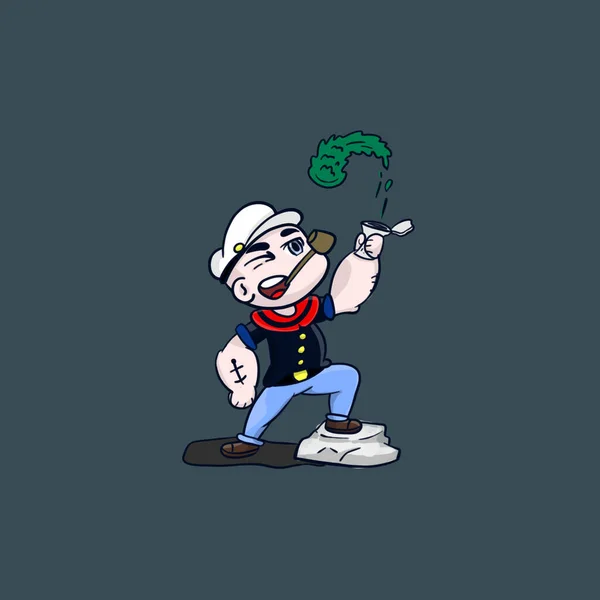 Ispanak yediği için güçlü ve sağlıklı olan bir balıkçının resmi.