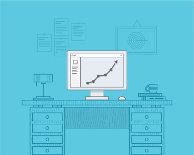 Yukarı doğru grafiği office bilgisayar monitörü ekran üzerinde gösterilir. Ofis masaları ve aksesuarları, mavi arka plan. İş büyüme kavramı