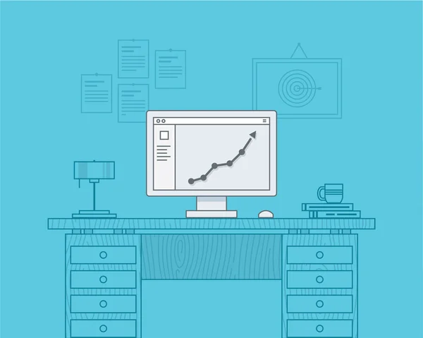 Gráfico ascendente que se muestra en la pantalla del monitor de la computadora de oficina. Mesa de oficina y accesorios, fondo azul. Concepto de crecimiento empresarial — Vector de stock