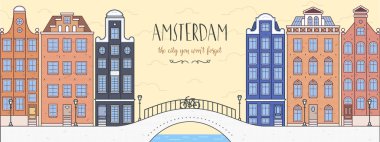 Poster ile Amsterdam, Hollanda. Köprü, Bisiklet ve evler.