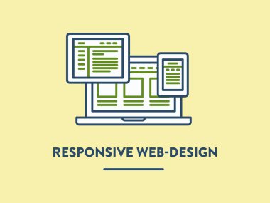 Vektör çizim, dizüstü bilgisayar, tablet ve akıllı telefon üzerinde gösterilen duyarlı web tasarım. Web sitesi geliştirme kavramı