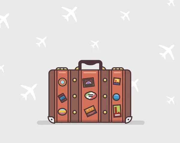 Ilustração vetorial de uma mala de viagem marrom com adesivos no fundo cinza, aviões — Vetor de Stock