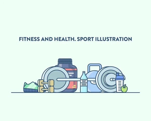 Tiempo para el deporte y el estilo de vida saludable. Ilustración vectorial de un equipo de gimnasio, fondo azul claro. Deportes, fitness, concepto recreativo Vector de stock