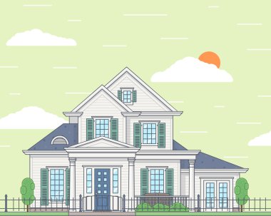 Vector illustration of a white family cozy house. View from the outside. Realty concept. Building and architecture, cottage