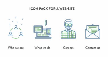 Icon pack for a web-site with icons displaying Who we are, Careers, Contact us. Web page building