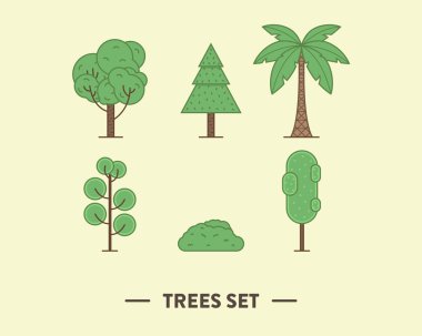 Vector illustration of the green trees set with a palm, fir-tree, oak, bush, poplar, maple. Yellow background