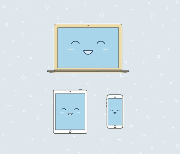 Vector illustration of a laptop, tablet and smartphone. Smiling face. Golden color — Stock Vector