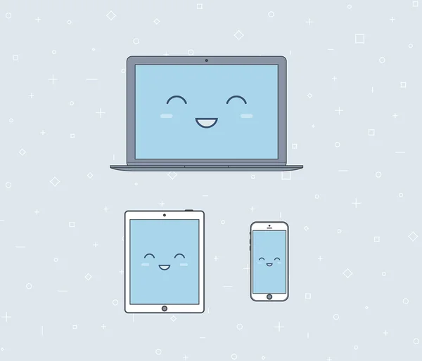 Vector illustration of a laptop, tablet and smartphone. Smiling face. Silver color — 스톡 벡터