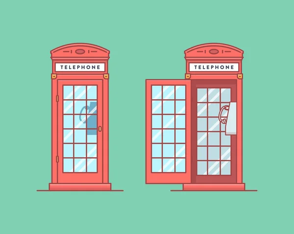 Vector illustration. Red telephone public call box like in the United Kingdom with a payphone. Green backround. Separately closed and open phone booth — Διανυσματικό Αρχείο