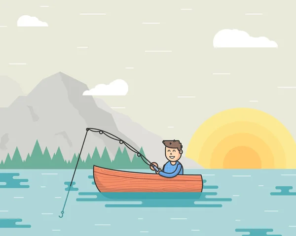 Ilustración vectorial de un pescador y barco en el lago. Verano al aire libre. Concepto de pesca Ilustración de stock