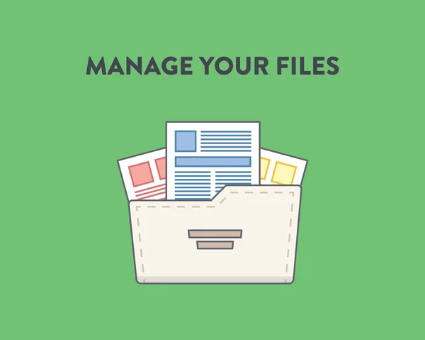 Vector illustration of a folder with documents in it, green background. Manage your files. Stockvector