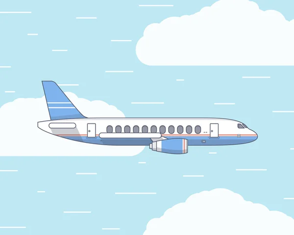 Vector flat illustration of a plane in the sky and white clouds Rechtenvrije Stockvectors