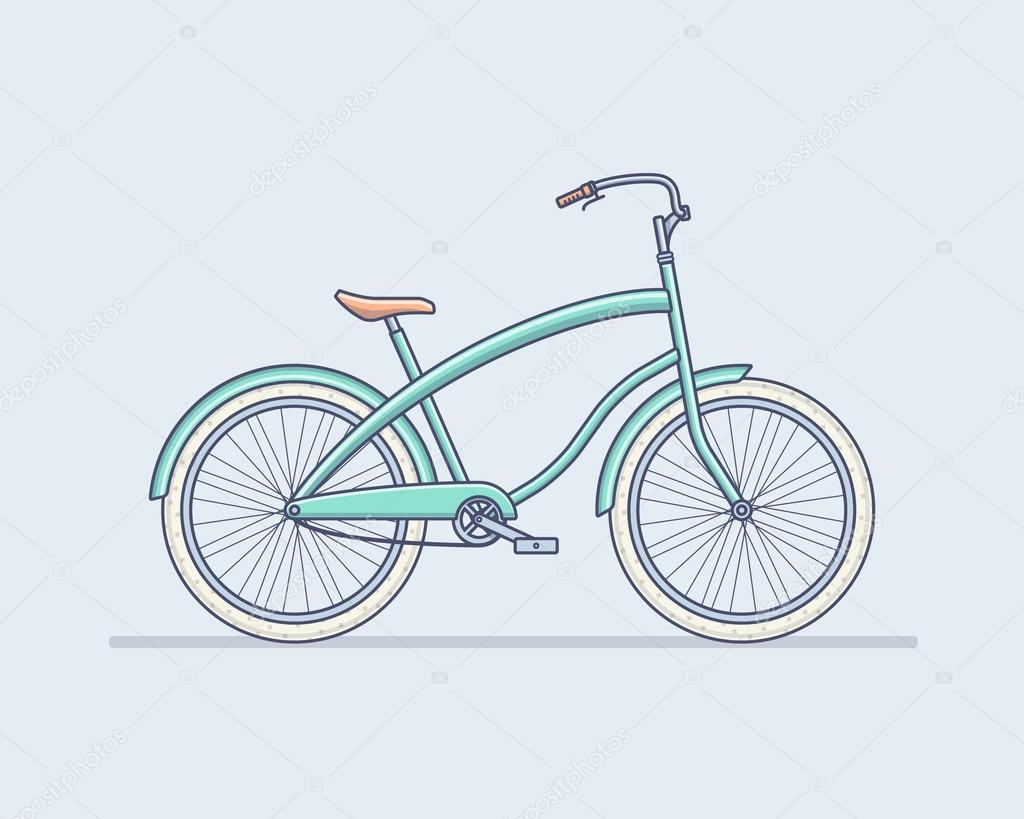 Cute isolated blue bicycle with wheels, pedals, chain gear, and tires 