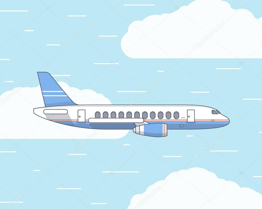 Vector flat illustration of a plane in the sky and white clouds