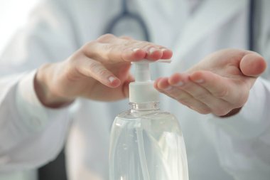 Klinikteki koruyucu maskeli tıbbi steteskoplu doktor ellerini antiseptikle tedavi ediyor. Yakın plan.