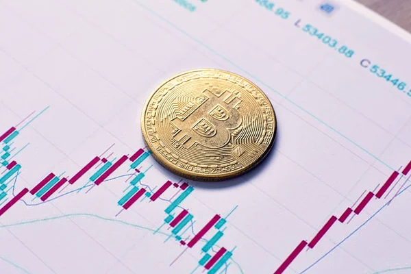 Moneda Oro Bitcoin Criptomoneda Gráficos Los Cambios Las Tasas Criptomoneda — Foto de Stock