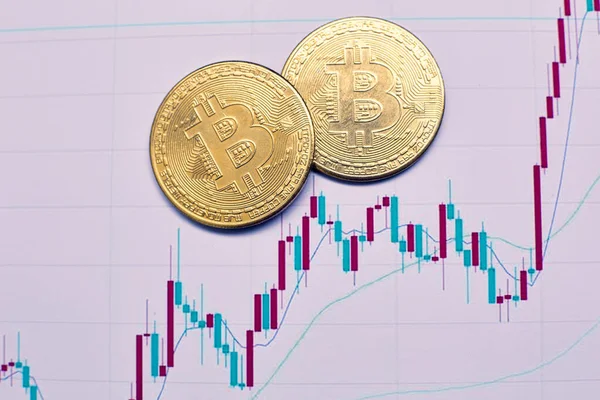 Dos Monedas Oro Bitcoin Criptomoneda Gráficos Los Cambios Las Tasas — Foto de Stock