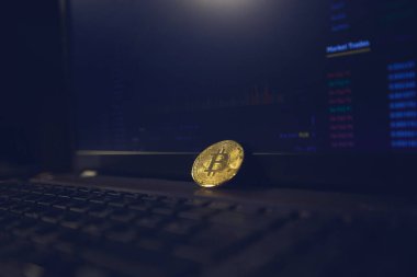 Laptop panelinde altın bir bitcoin var. Şifreleme kurlarını değiştirme sayfası dizüstü bilgisayarın ekranında açık.
