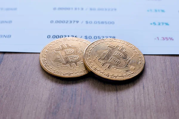 Dos monedas de criptomoneda bitcoin y gráficos de cambios en las tasas de criptomoneda se encuentran en una mesa de madera en la oficina — Foto de Stock