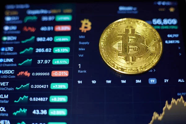 La moneda de oro bitcoin se encuentra en la pantalla de la tableta, que muestra los cambios en las tasas de criptomoneda — Foto de Stock